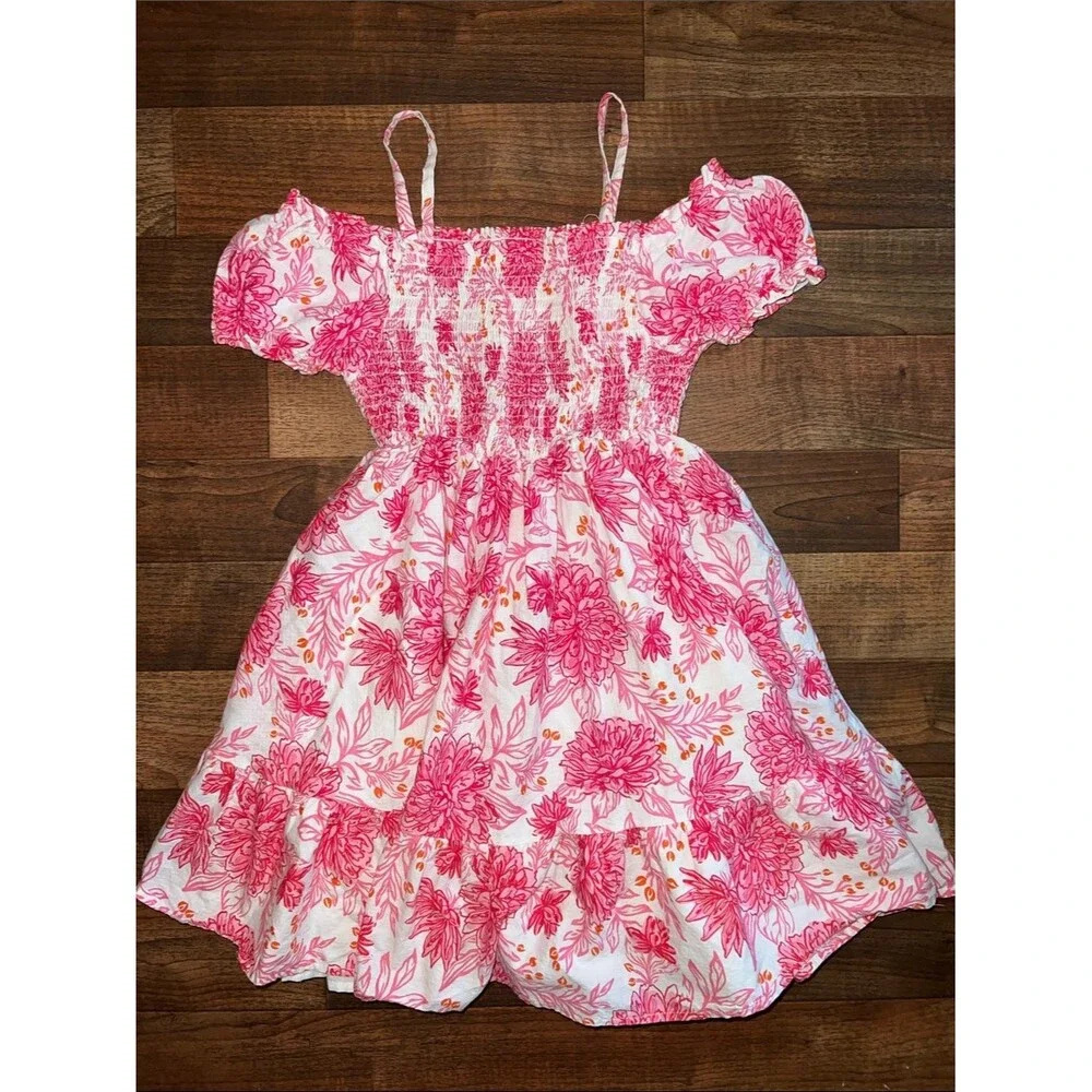 Girls Pink Floral Off-Shoulder Sundress with Spaghetti Straps
